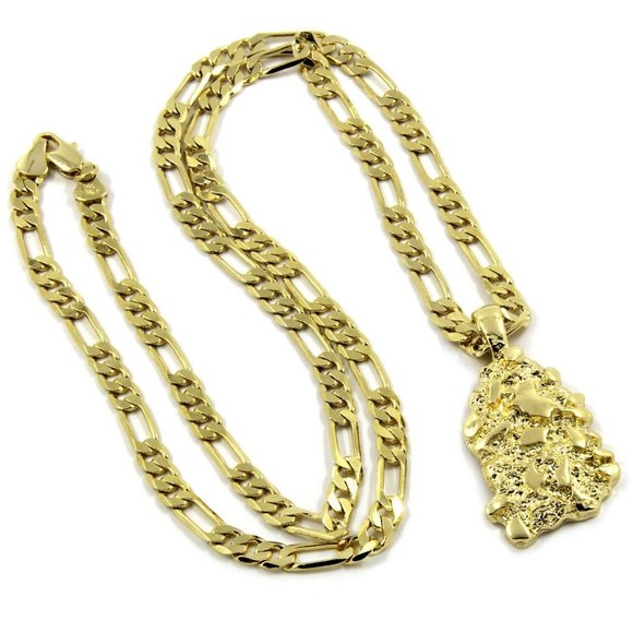 14k Gold Nugget 24" Figaro Chain + Pendant - Picture 4 of 4